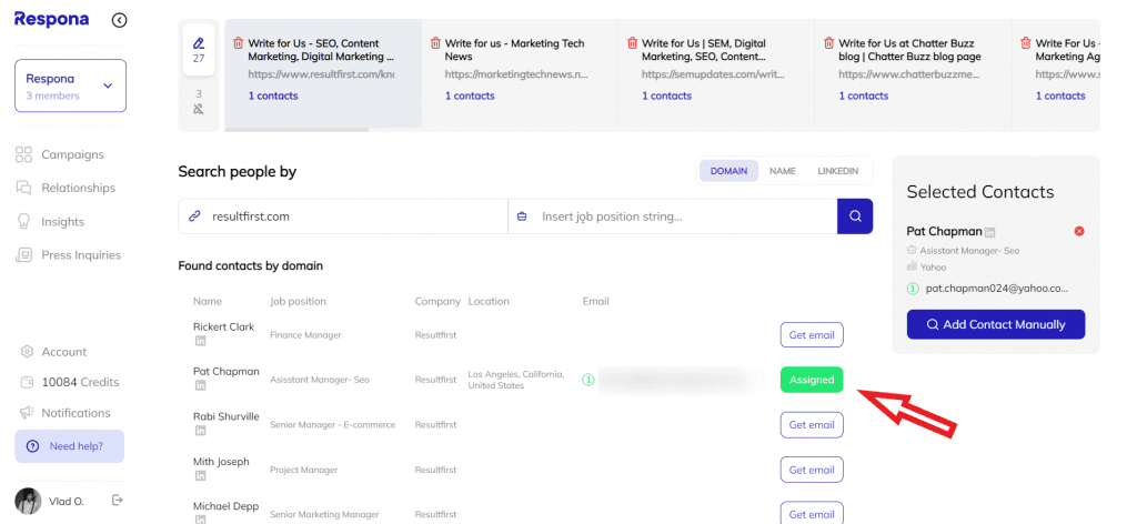 contact search results